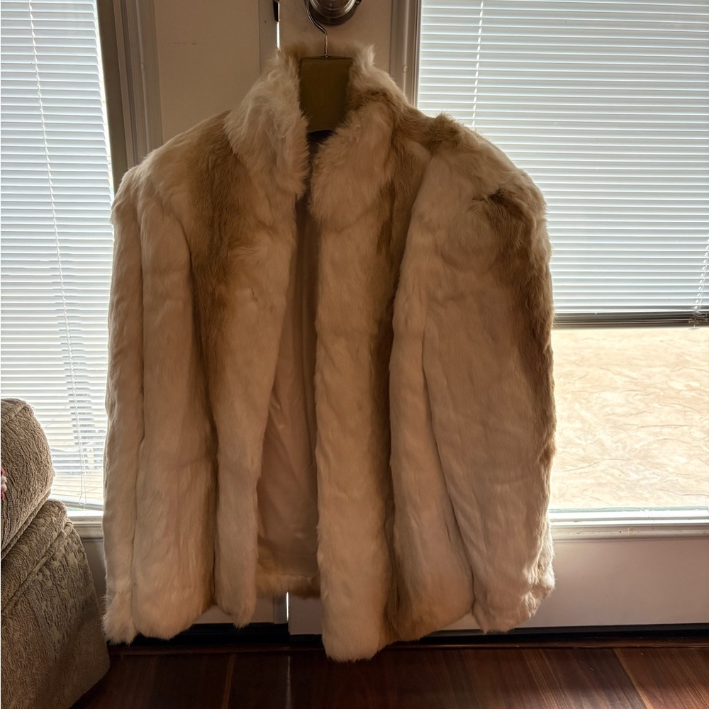 Vintage Faux Fur Coat Women’s Large Cream Beige Soft Plush Open Front Jacket